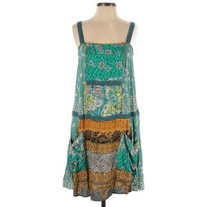 Tiny Embroidered Patchwork Scarf Print Sleeveless Tunic Dress M